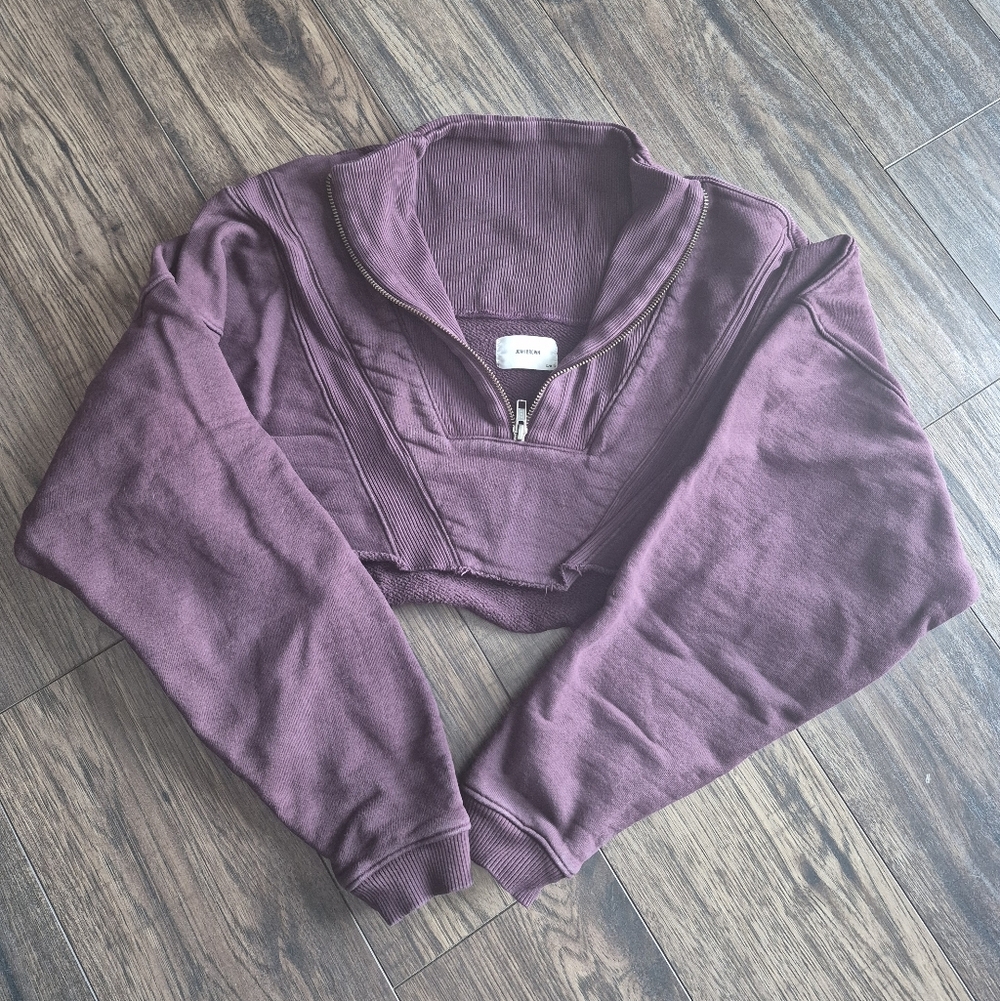 Joah Brown Plum Cropped Quarter Zip Pullover Sweatshirt Hoodie